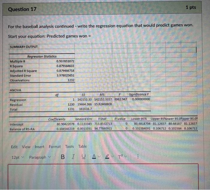 Question 18 1 Pts For The Baseball Study Continued Comment On The Following Did This Study Provide A Valid Prediction 2