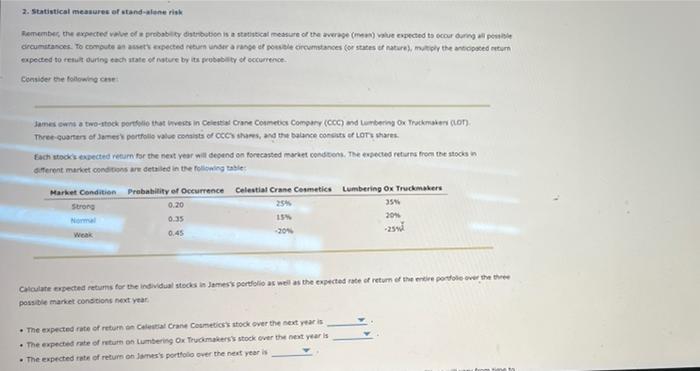 2 Statistical Measures Of Stand Alone Risk Rememberthe Expected Value Of A Probability Distribution Is A Statistical Me 1