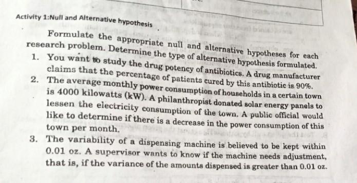 Activity 1 Null And Alternative Hypothesis Formulate The Appropriate Null And Alternative Hypotheses For Each Research P 1