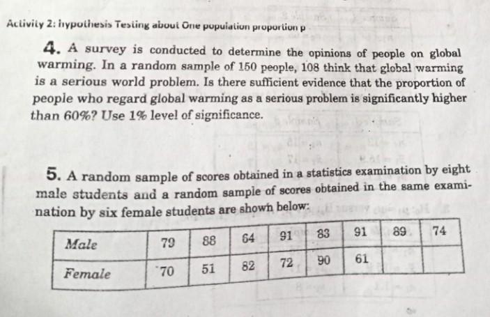Activity 2 Hypothesis Testing About One Population Proportion P 4 A Survey Is Conducted To Determine The Opinions Of P 1