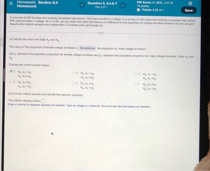Iii Homework Section 8 4 Homework Question 6 8 4 9 T Part 3 Of 7 Hw Score 31 96 4 47 Of 14 Points Points 0 25 Of 1