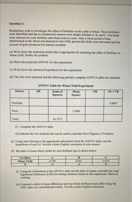 Question 3 Researchers Wish To Investigate The Effect Of Fertiliser On The Yield Of Wheat Three Fertilisers Were Ident 1