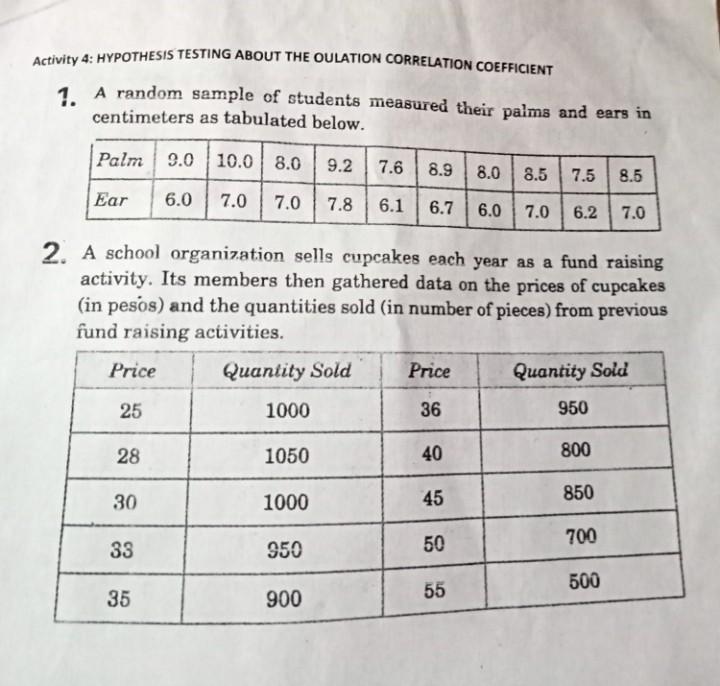 Activity 4 Hypothesis Testing About The Oulation Correlation Coefficient 1 A Random Sample Of Students Measured Their 1