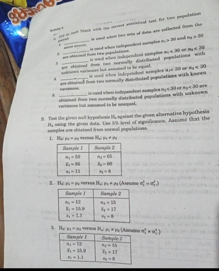 Sear Activity Non In Onch Blank With The Correct Statistical Test For Two Population Is Used When Two Sets Of Dnta Are C 1