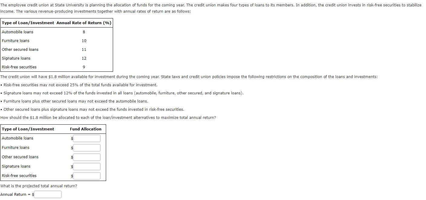 The Employee Credit Union At State University Is Planning The Allocation Of Funds For The Coming Year The Credit Union 1