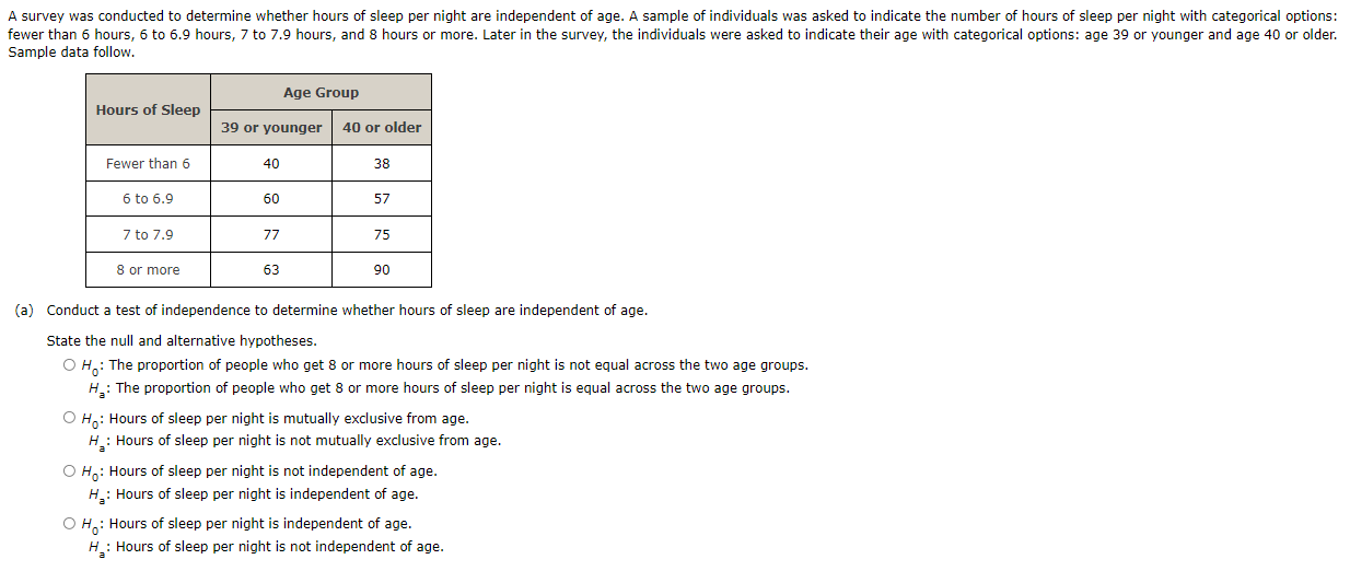 A Survey Was Conducted To Determine Whether Hours Of Sleep Per Night Are Independent Of Age A Sample Of Individuals Was 1