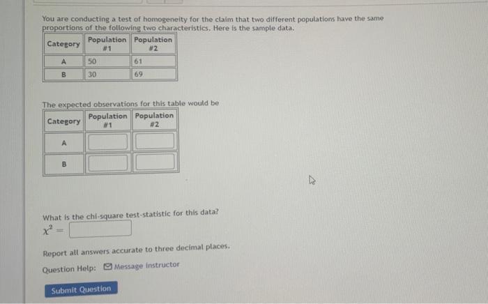 You Are Conducting A Test Of Homogeneity For The Claim That Two Different Populations Have The Same Proportions Of The F 1