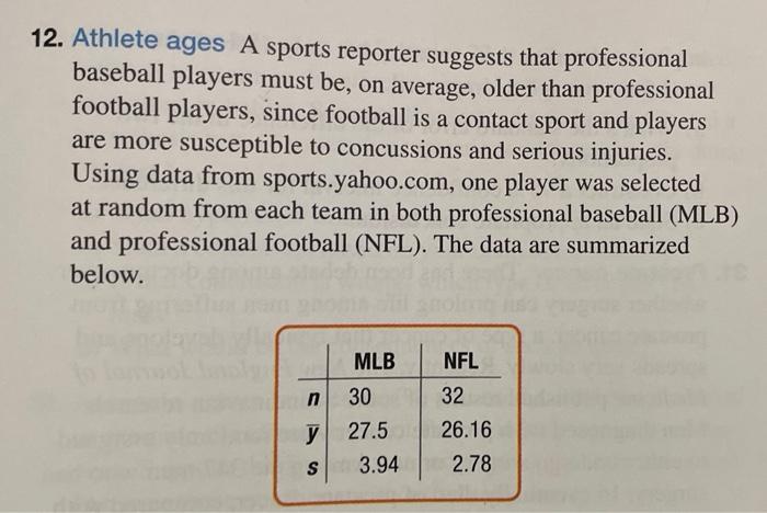 12 Athlete Ages A Sports Reporter Suggests That Professional Baseball Players Must Be On Average Older Than Professio 1