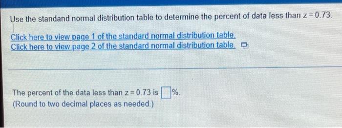 Use The Standand Normal Distribution Table To Determine The Percent Of Data Less Than Z 0 73 Click Here To View Page 1 1
