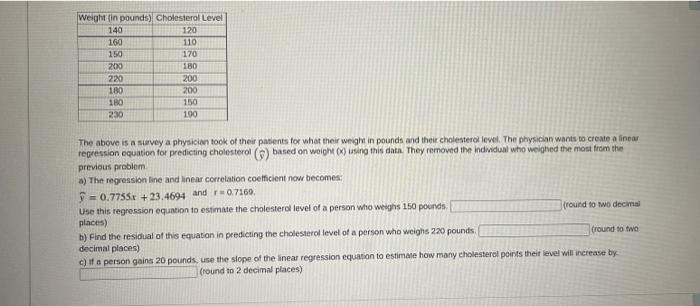 Weight In Pounds Cholesterol Level 140 120 160 110 150 170 200 180 220 200 180 200 180 150 230 100 The Above Is A Surv 1