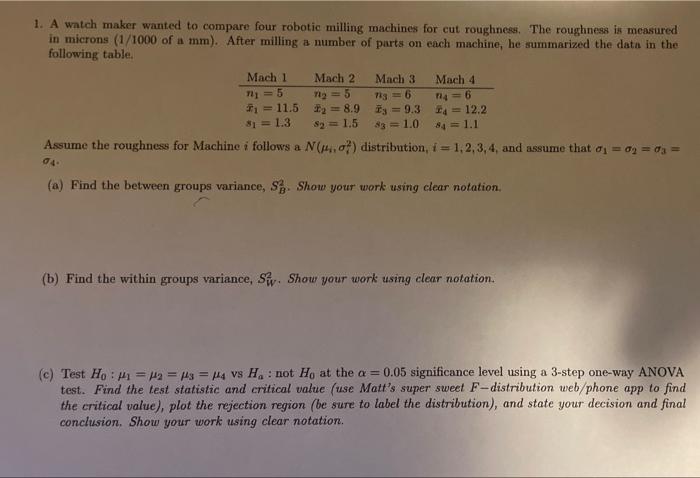 1 A Watch Maker Wanted To Compare Four Robotic Milling Machines For Cut Roughness The Roughness Is Measured In Microns 1