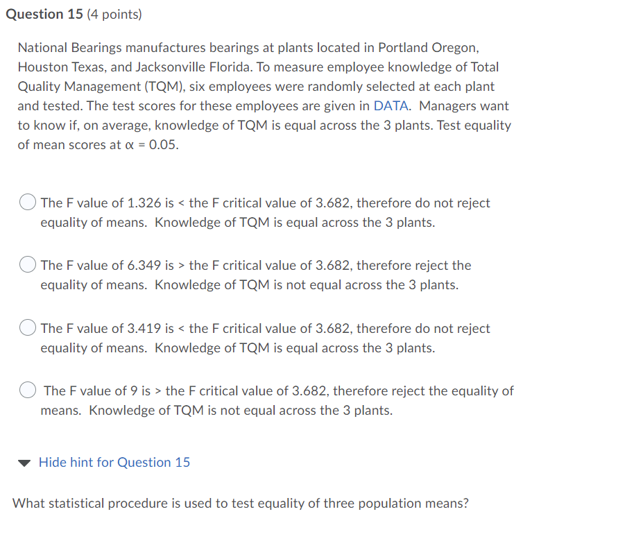 Question 15 4 Points National Bearings Manufactures Bearings At Plants Located In Portland Oregon Houston Texas And 1