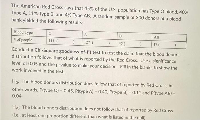 The American Red Cross Says That 45 Of The U S Population Has Type O Blood 40 Type A 11 Type B And 4 Type Ab A 1