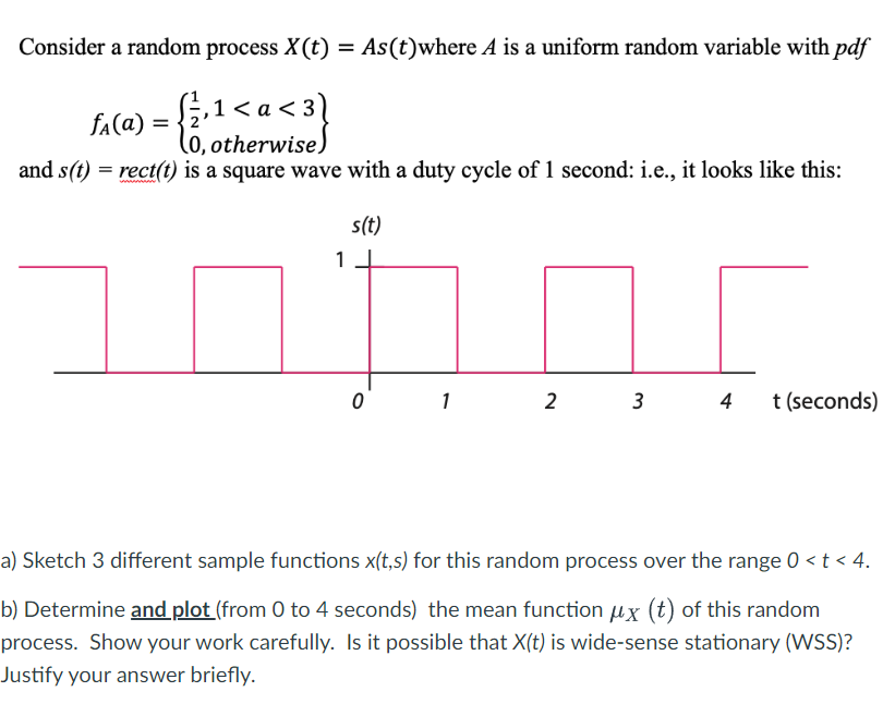 Consider A Random Process X T As T Where A Is A Uniform Random Variable With Pdf Faa 2 2 1 A 3 10 Otherwise A 1