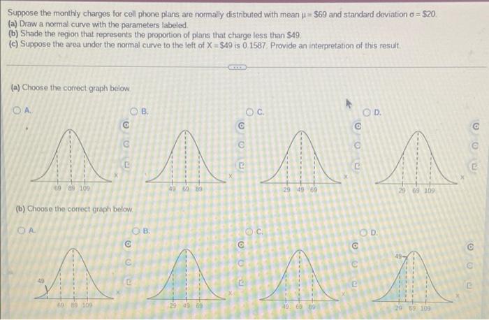 Suppose The Monthly Charges For Cell Phone Plans Are Normally Distributed With Mean J 69 And Standard Deviation O 2 1