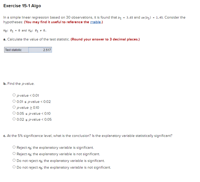 Exercise 15 1 Algo 1 45 Consider The In A Simple Linear Regression Based On 30 Observations It Is Found That B1 3 1