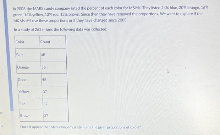 In 2008 The Mars Candy Company Listed The Percent Of Each Color For M Ms They Listed 24 Blue 20 Orange 16 Green 1 1