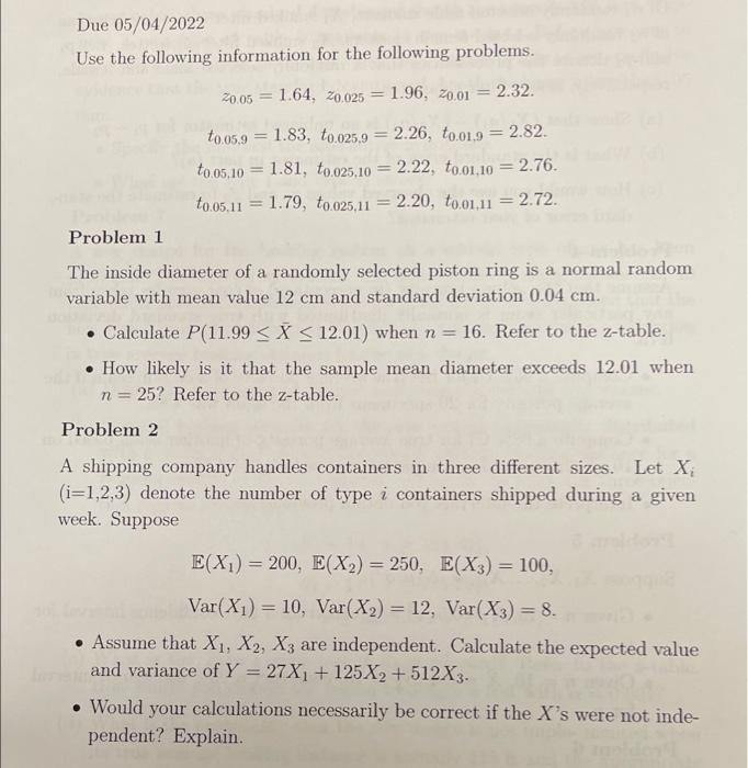 Due 05 04 2022 Use The Following Information For The Following Problems 20 05 1 64 20 025 1 96 20 01 2 32 To 0 1