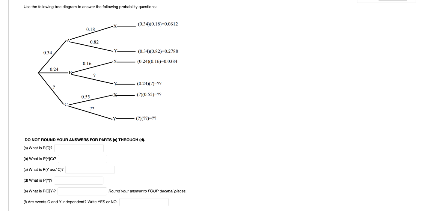 Use The Following Tree Diagram To Answer The Following Probability Questions 0 34 0 18 0 0612 0 18 0 82 0 34 0 34 1