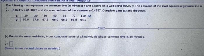 Med Sponse The Following Data Represent The Commute Time In Minutes X And A Score On A Wellbeing Survey Y The Equation 1