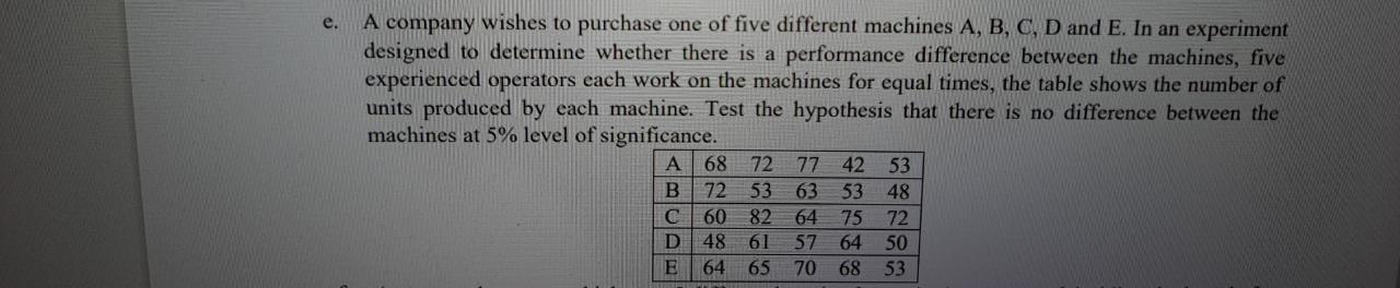 E A Company Wishes To Purchase One Of Five Different Machines A B C D And E In An Experiment Designed To Determine 1
