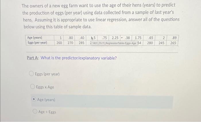 The Owners Of A New Egg Farm Want To Use The Age Of Their Hens Years To Predict The Production Of Eggs Per Year Usin 1