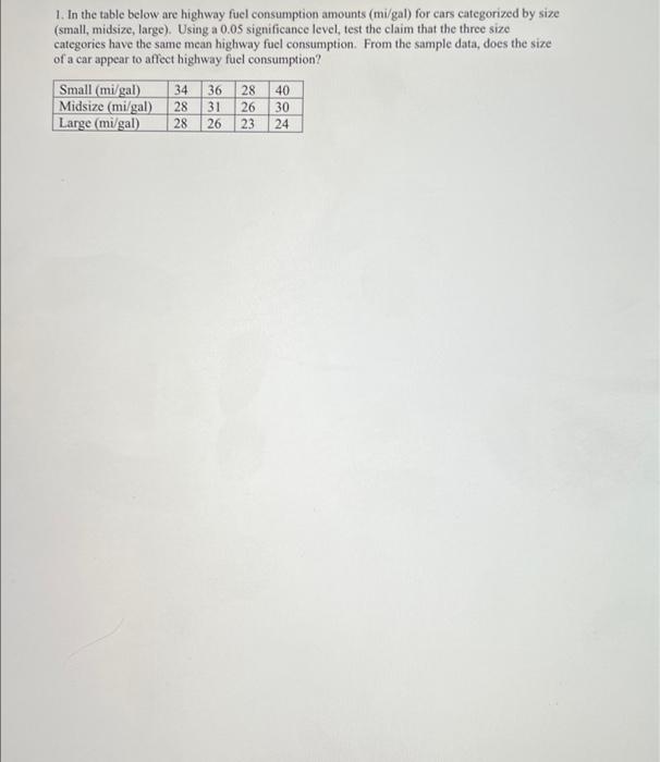 1 In The Table Below Are Highway Fuel Consumption Amounts Mi Gal For Cars Categorized By Size Small Midsize Large 1