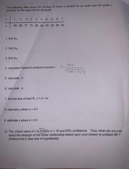 The Following Data Show The Number Of Hours X Studied For An Exam And The Grade Y Received On The Exam For Ten Students 1