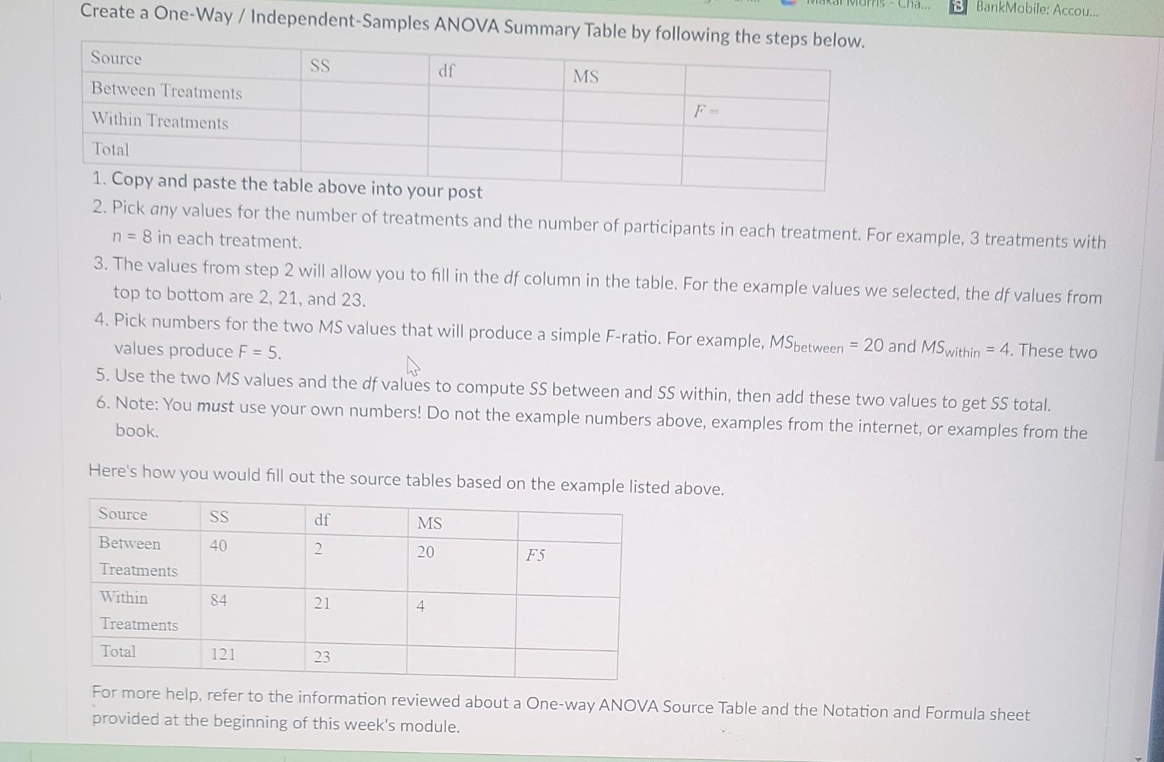 Tischa Create A One Way Independent Samples Anova Summary Table By Following The Steps Below B Bank Mobile Accou 1