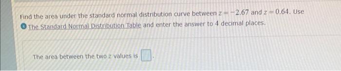 Find The Area Under The Standard Normal Distribution Curve Between Z 2 67 And Z 0 64 Use The Standard Normal Distribu 1
