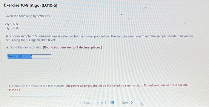 Exercise 10 9 Algo L010 6 Given The Following Hypotheses Hous8 Hp8 A Random Sample Of 10 Observations Is Selected Fr 1