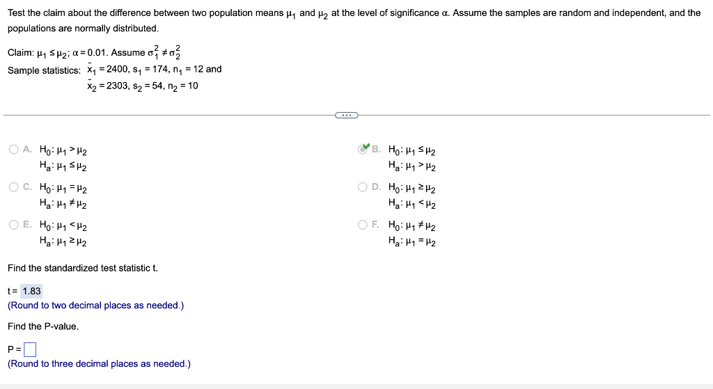 Test The Claim About The Difference Between Two Population Means And Hy At The Level Of Significance A Assume The Sam 1