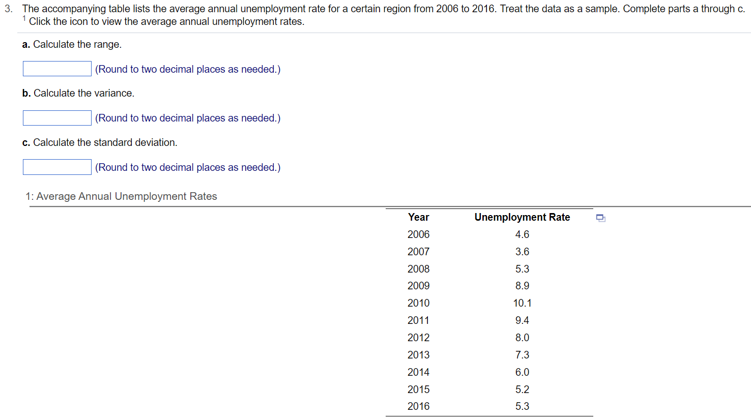 3 The Accompanying Table Lists The Average Annual Unemployment Rate For A Certain Region From 2006 To 2016 Treat The D 1