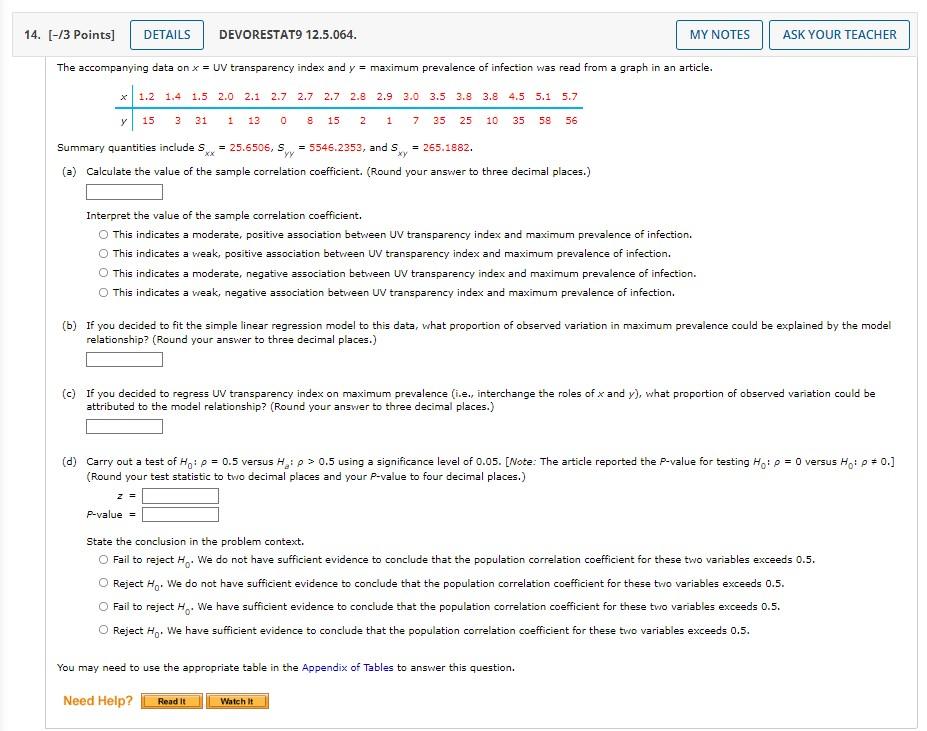 14 13 Points Details Devorestat9 12 5 064 My Notes Ask Your Teacher The Accompanying Data On X Uv Transparency In 1
