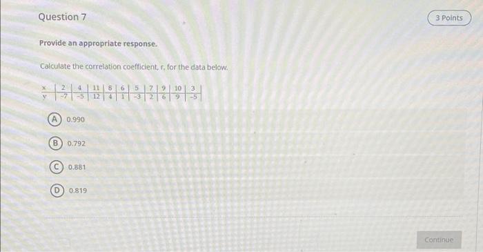 Question 7 3 Points Provide An Appropriate Response Calculate The Correlation Coefficient R For The Data Below 4 5 1