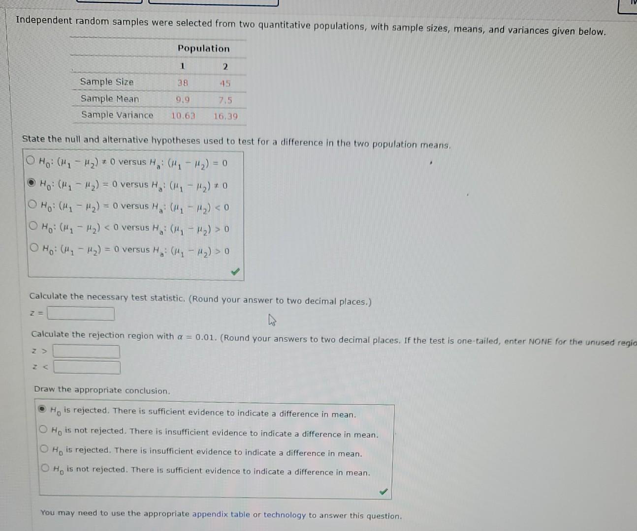 Independent Random Samples Were Selected From Two Quantitative Populations With Sample Sizes Means And Variances Give 1
