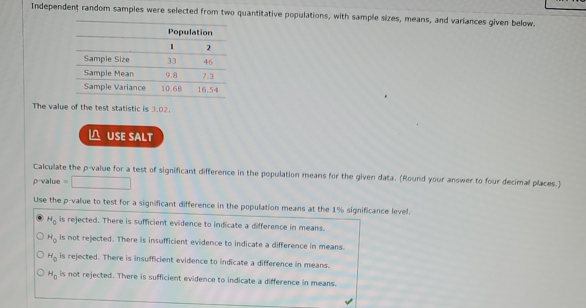 Independent Random Samples Were Selected From Two Quantitative Populations With Sample Sizes Means And Variances Give 2