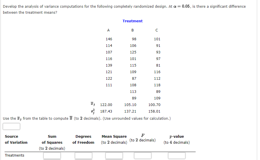 Develop The Analysis Of Variance Computations For The Following Completely Randomized Design At A 0 05 Is There A Si 1