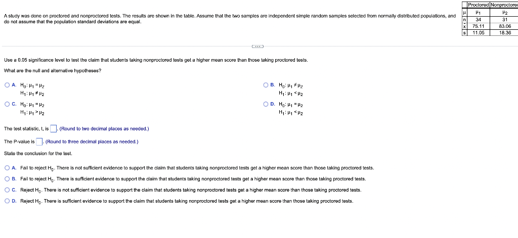 A Study Was Done On Proctored And Nonproctored Tests The Results Are Shown In The Table Assume That The Two Samples Ar 1