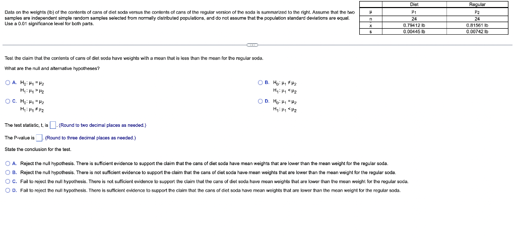 Diet Data On The Weights D Of The Contents Of Cans Of Diet Soda Versus The Contents Of Cans Of The Regular Version Of 1