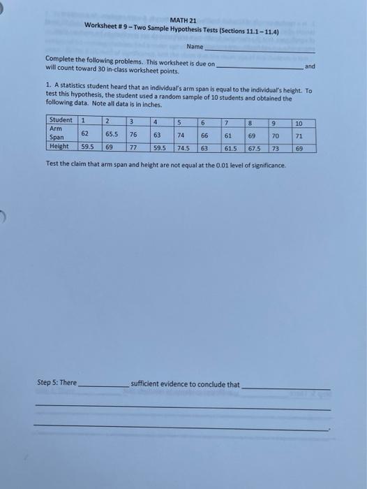 Math 21 Worksheet 9 Two Sample Hypothesis Tests Sections 11 1 11 4 Name Complete The Following Problems This Worksh 1