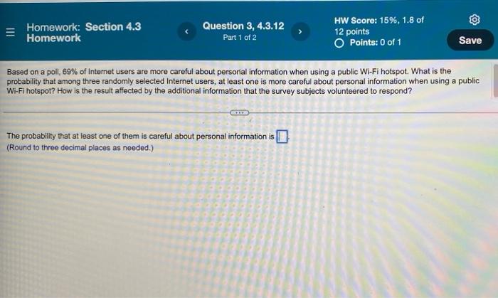 Homework Section 4 3 Homework Question 3 4 3 12 Part 1 Of 2 Hw Score 15 1 8 Of 12 Points O Points 0 Of 1 Save Base 1