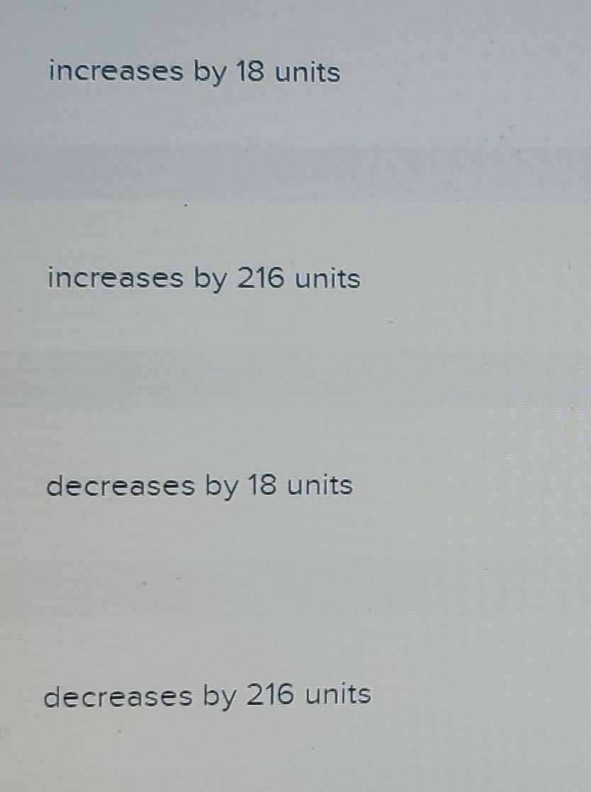 Increases By 18 Units Increases By 216 Units Decreases By 18 Units Decreases By 216 Units Increases By 18 Units Increa 1
