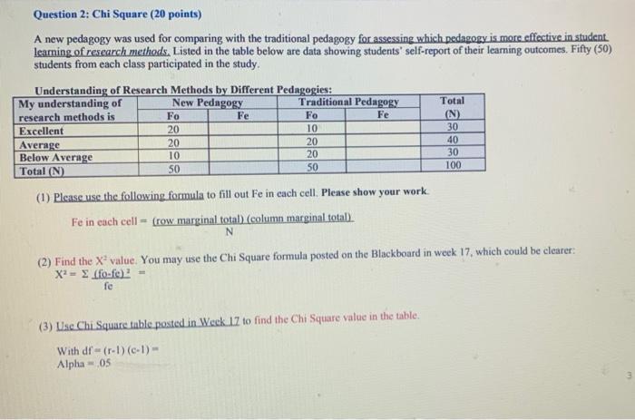 Fe Question 2 Chi Square 20 Points A New Pedagogy Was Used For Comparing With The Traditional Pedagogy For Assessing 1