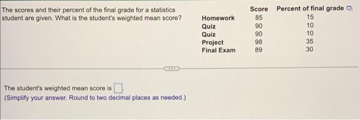 The Scores And Their Percent Of The Final Grade For A Statistics Student Are Given What Is The Student S Weighted Mean 1