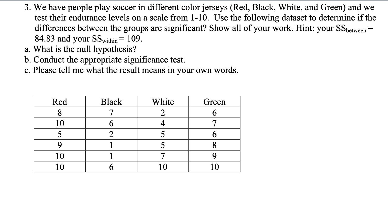 3 We Have People Play Soccer In Different Color Jerseys Red Black White And Green And We Test Their Endurance Leve 1