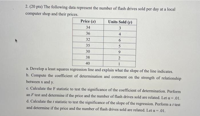 4 6 9 2 20 Pts The Following Data Represent The Number Of Flash Drives Sold Per Day At A Local Computer Shop And Thei 1