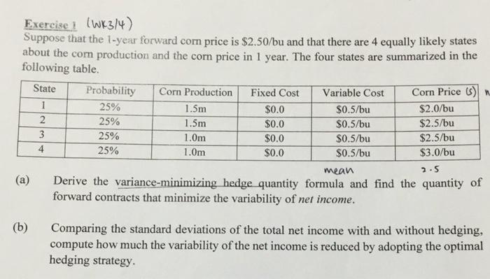 Exercise I Wk3 4 Suppose That The 1 Year Forward Corn Price Is 2 50 Bu And That There Are 4 Equally Likely States Abo 1