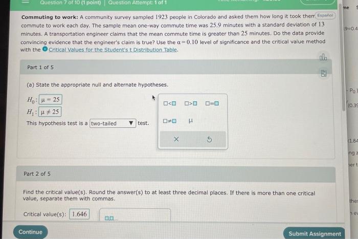 Ne 190 4 Question 7 Of 10 1 Point Question Attempt 1 Of 1 Commuting To Work A Community Survey Sampled 1923 People I 1