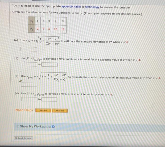 You May Need To Use The Appropriate Appendix Table Or Technology To Answer This Question Given Are Five Observations Fo 1